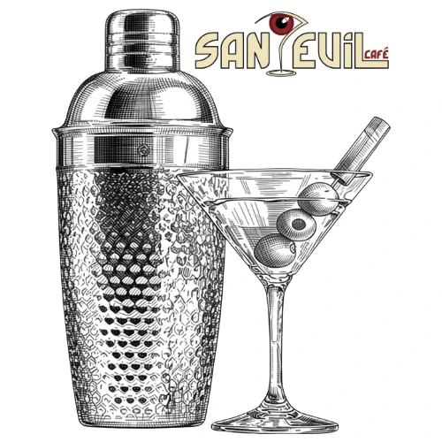 Image d'un beau shaker et d'une verre à cocktail avec 3 olives illustrant la spécialité cocktail du Santeuil café ainsi que son offre d'atelier cocktail pour les particuliers et les entreprises.