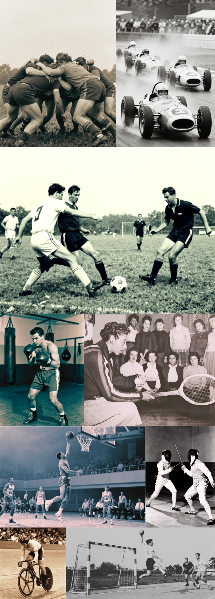 Un patchwork d'images sportives du siècle dernier illustrant la passion des équipes du santeuil café pour le sport et les retransmissions sportives lors de journées ou soirées pour les fans de foot, hand, rugby, tennis et autres sports mécaniques